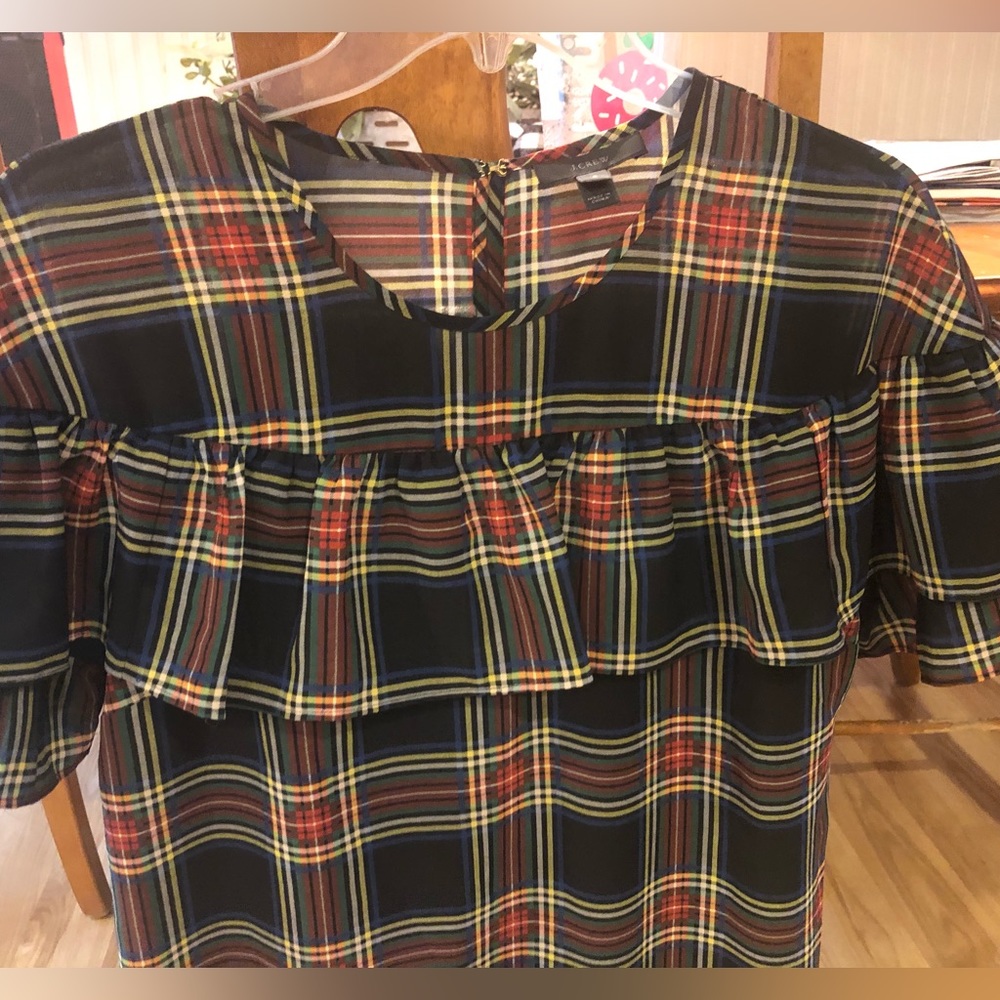 Woman’s J. Crew Plaid short sleeve ruffled blouse - Picture 3 of 4